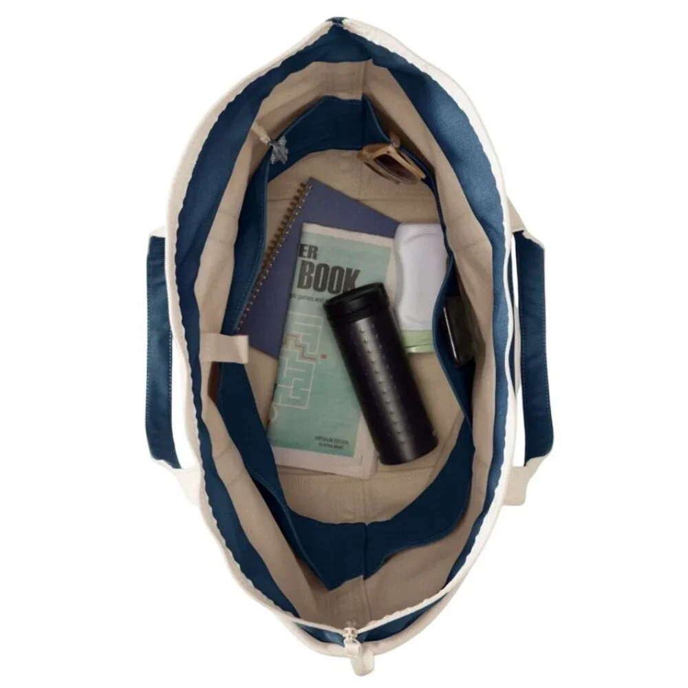 Lands End Large 5 Pocket Zip Top Long Handle Canvas Boat Tote Bag Radiant Navy - Picture 3 of 3